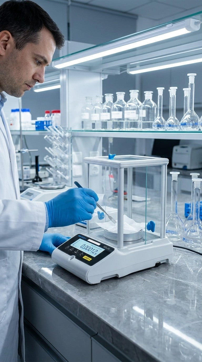 Analyst weighing a sample on an analytical balance