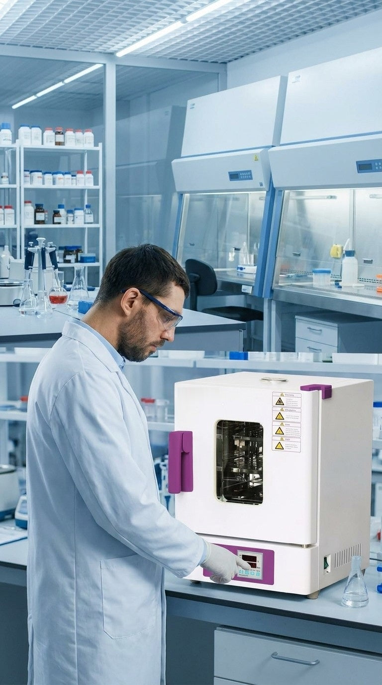 Technician operating a LABOTECA laboratory incubator