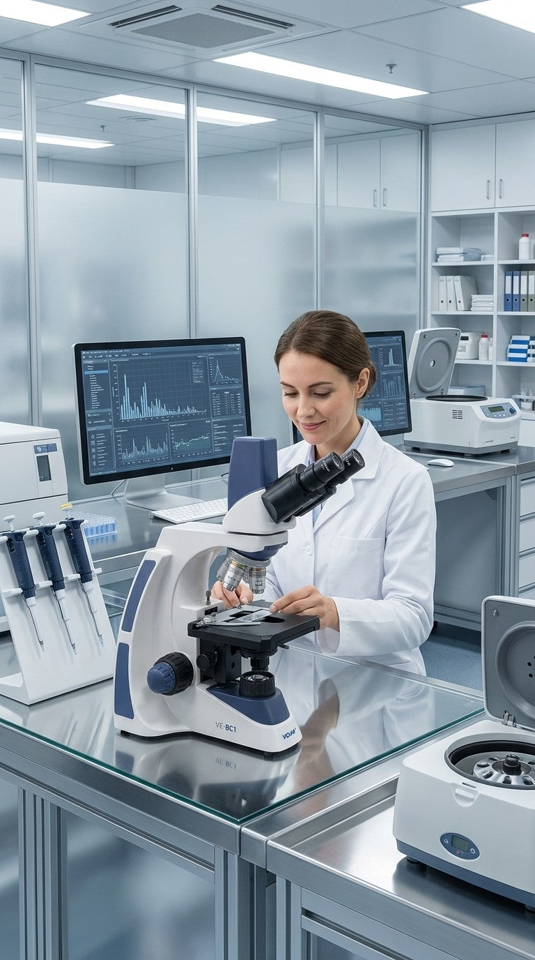 Scientist using a VE-BC1 binocular microscope in a laboratory