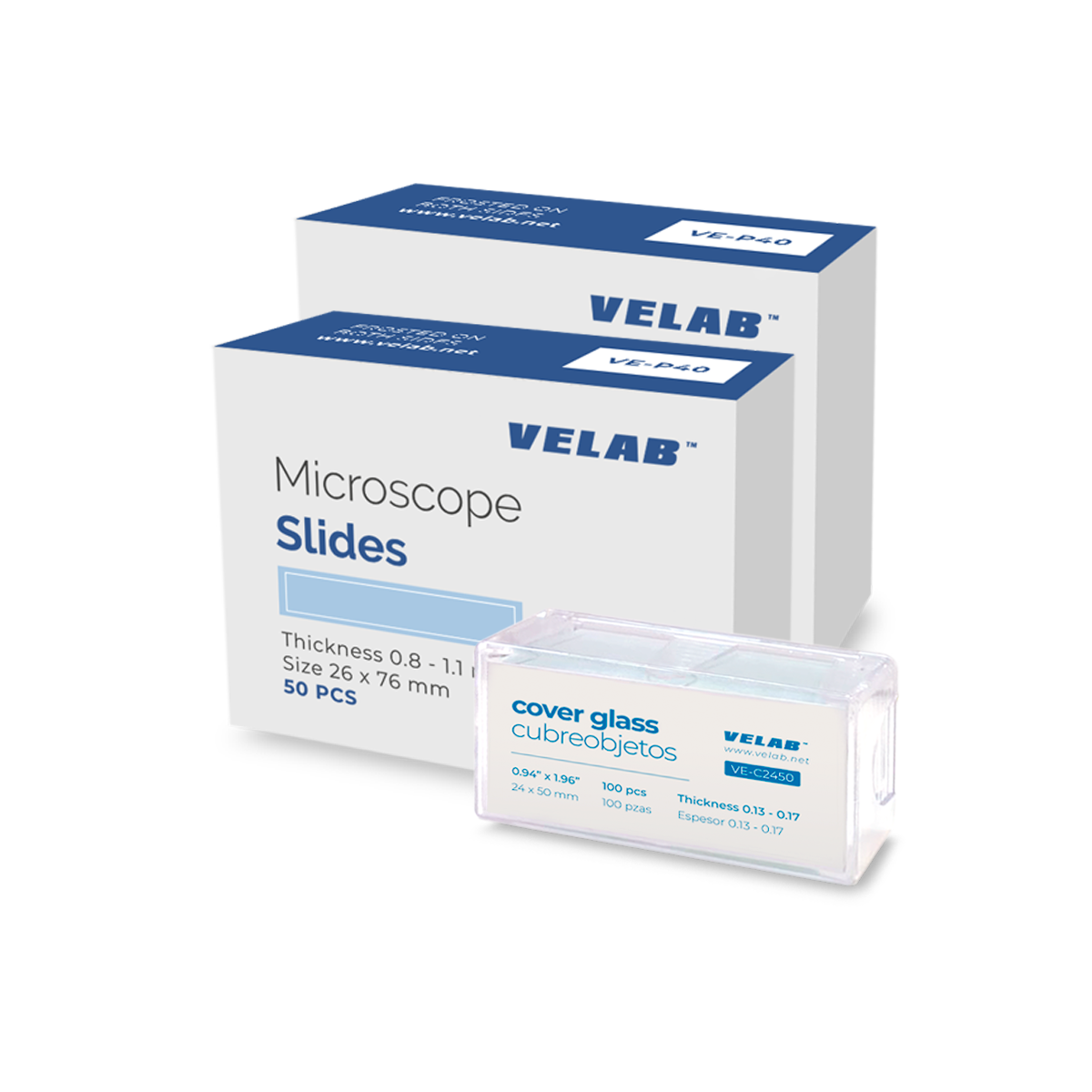 VE-P40 100 pcs Microscope Slides, Borosilicate Glass, Ground Edges, Double Frosted & 100 pcs square glass covers.