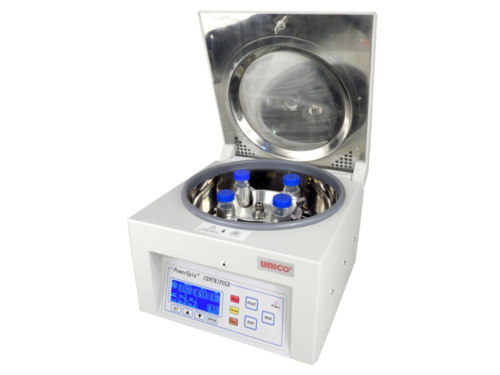 Unico C8704-10 PowerSpin DX, Centrifuge, 4 Places 50 ML with 60 MIN Digital Timer, Variable Speed 1000-3400 RPM with 0-RPM Safety LID Latch, with Set of Tube Adapters, 110V