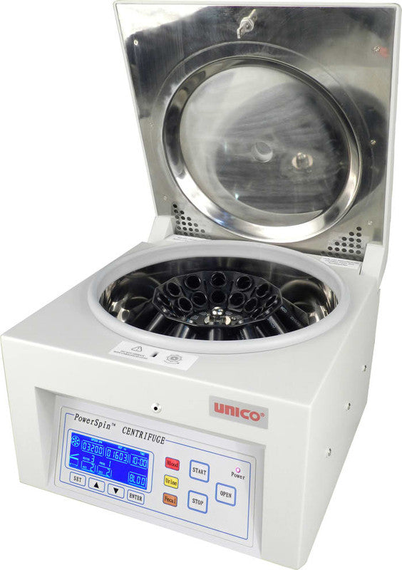 Unico C8724H PowerSpin DX Centrifuge, 24 Places with 60 Min Digital Timer, Variable Speed 1000-3400 RPM with 0-RPM Safety Lid Latch, Capacity 24X10 ML Tubes, 16X15 ML Tubes with 24 Place Tube Holdster Rack. 110V