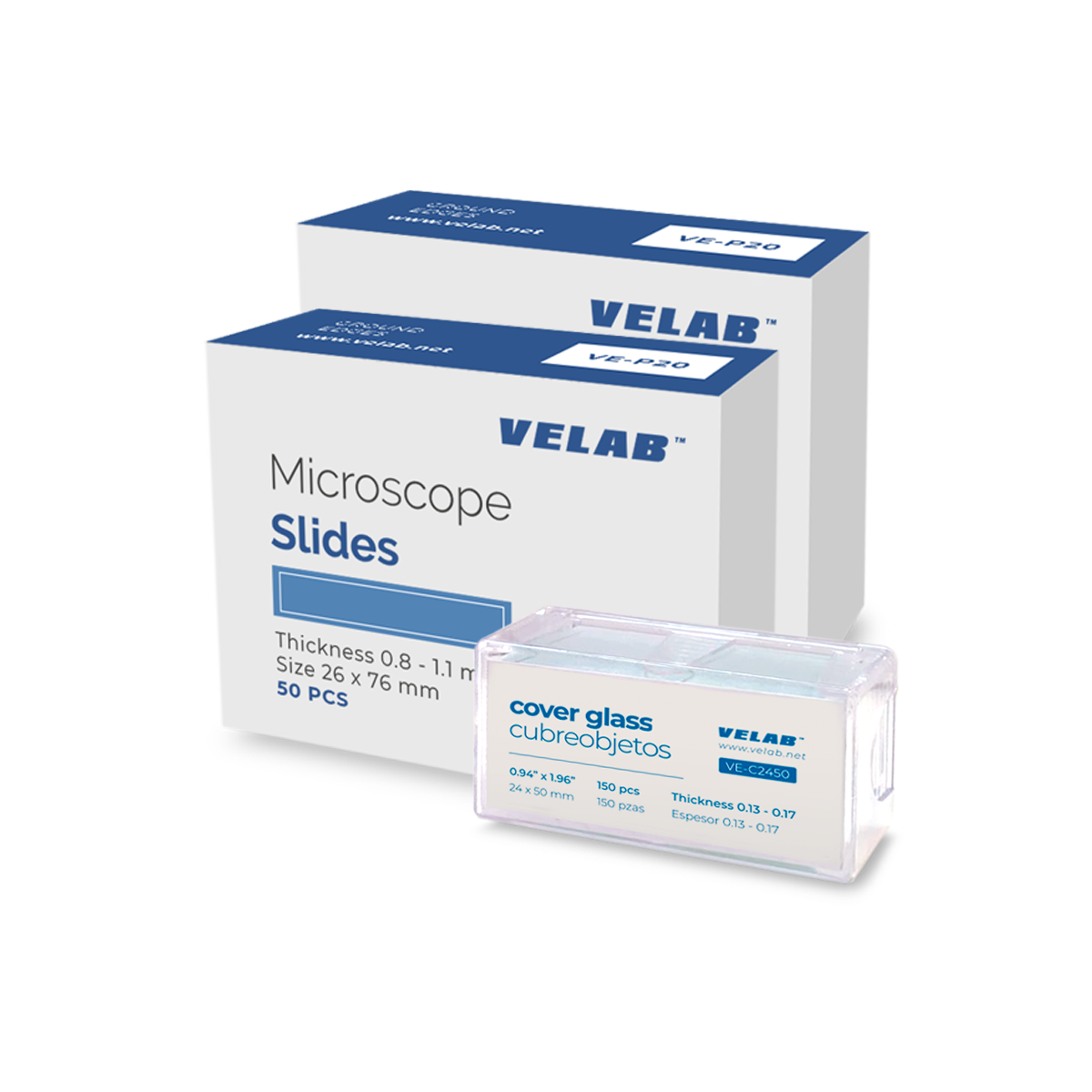 VE-P20 100 Microscope Slides, Borosilicate Glass, Ground Edges and 150 pcs square glass covers.